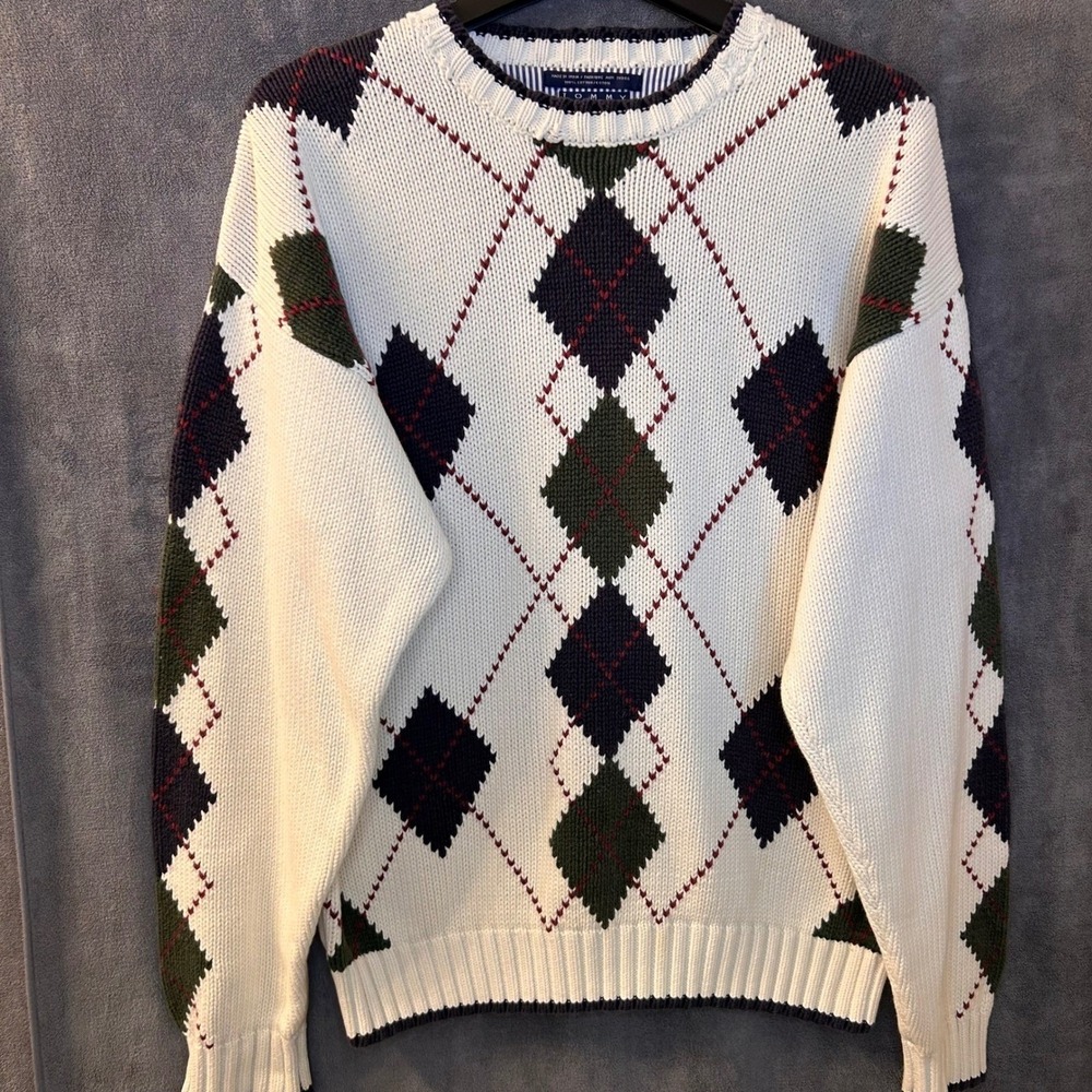 VTG‎ Tommy Hilfiger Men's XL Argyle Heavy Knit Sweater Ivory Green Navy Cotton